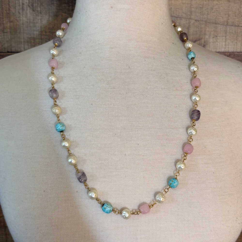 Pastel Multi Color Bead Faux Pearl Gold Tone Station Necklace 28 Inch